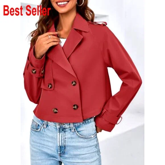 Cropped Trench Coat Double Breasted Lapel Jacket Vintage Casual Lightweight